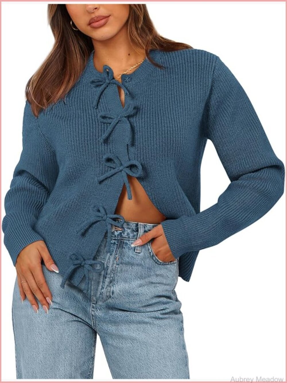 Crew Neck Bow Cardigan, Long Sleeve, Open Front, Relaxed Fit